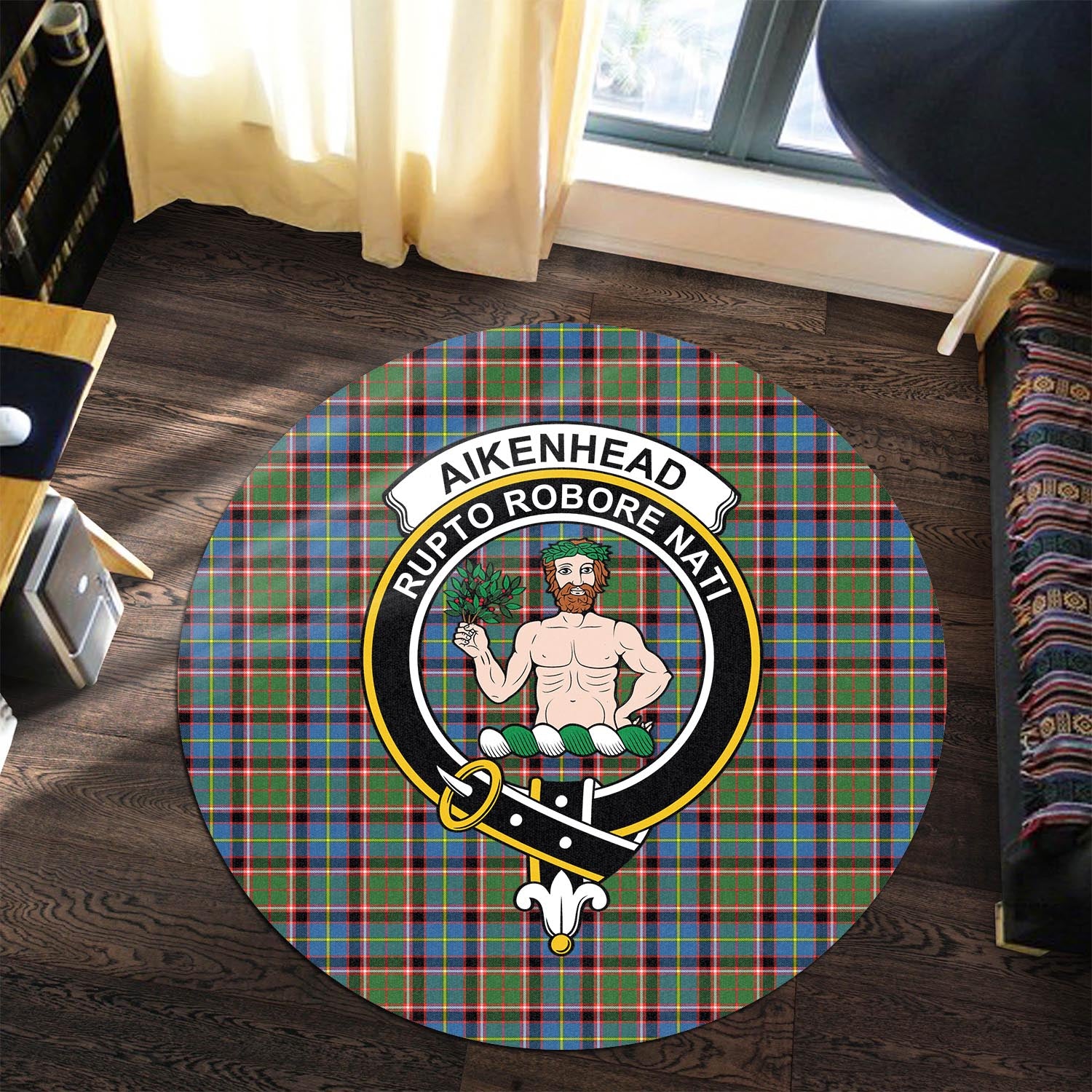 Aikenhead Tartan Round Rug with Family Crest - Tartanvibesclothing