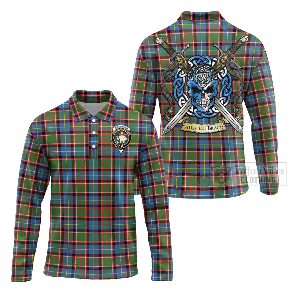 Aikenhead Tartan Long Sleeve Polo Shirt with Family Crest Celtic Skull Style Unisex - Tartan Vibes Clothing