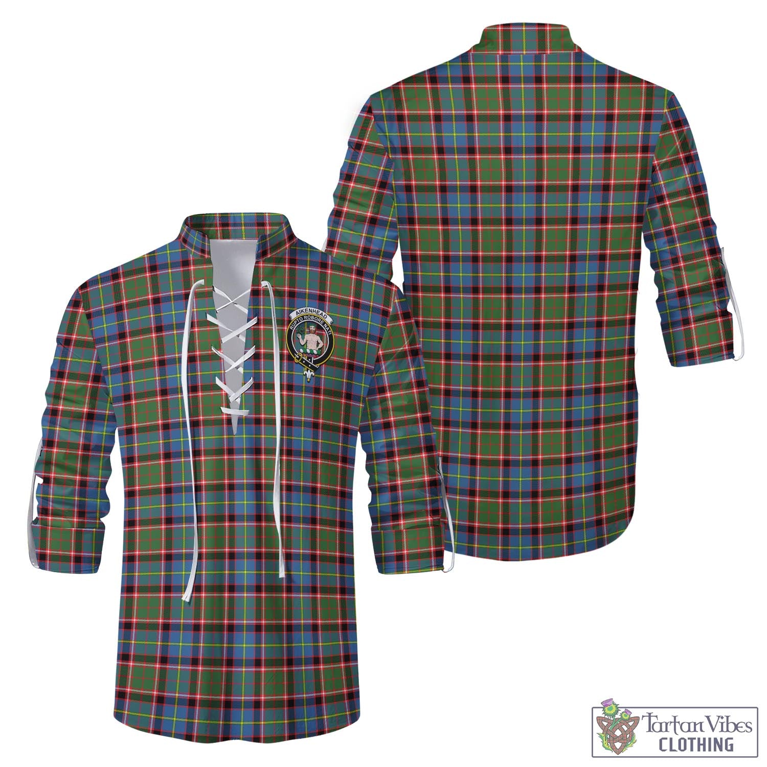 Tartan Vibes Clothing Aikenhead Tartan Men's Scottish Traditional Jacobite Ghillie Kilt Shirt with Family Crest