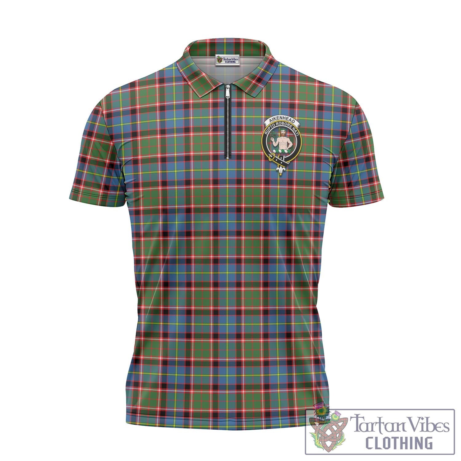 Tartan Vibes Clothing Aikenhead Tartan Zipper Polo Shirt with Family Crest