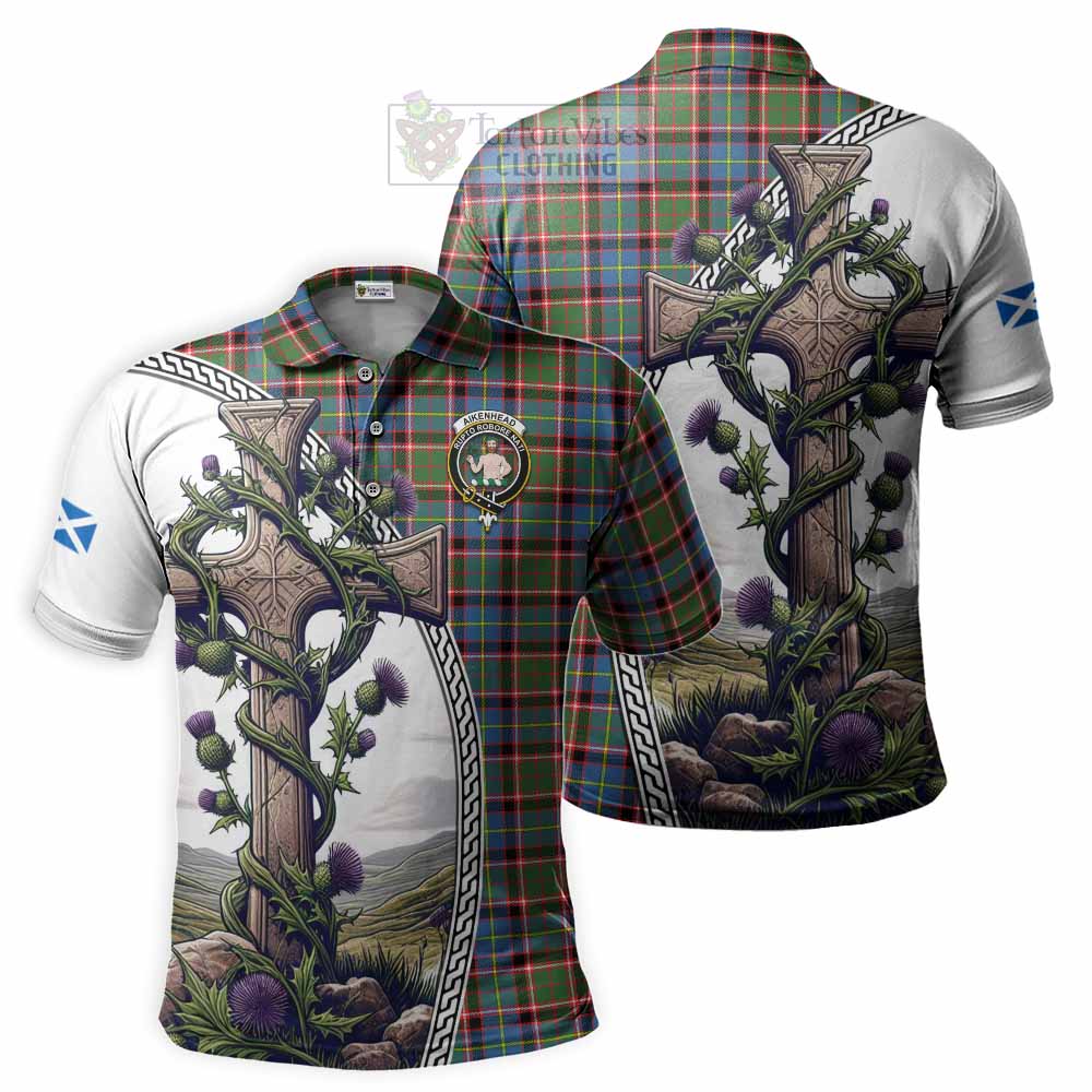 Tartan Vibes Clothing Aikenhead Tartan Polo Shirt with Family Crest and St. Andrew's Cross Accented by Thistle Vines