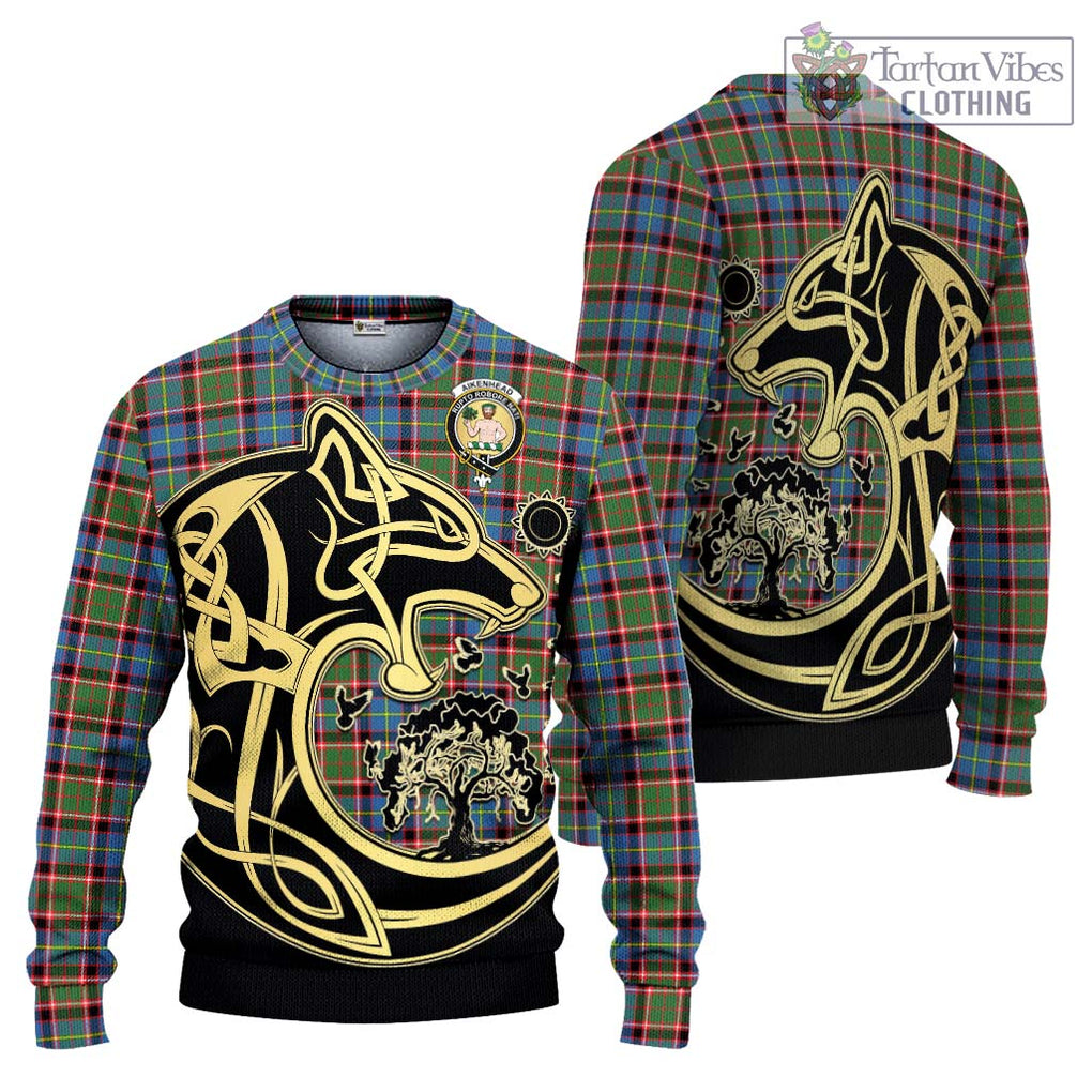 Aikenhead Tartan Ugly Sweater with Family Crest Celtic Wolf Style Unisex - Tartan Vibes Clothing