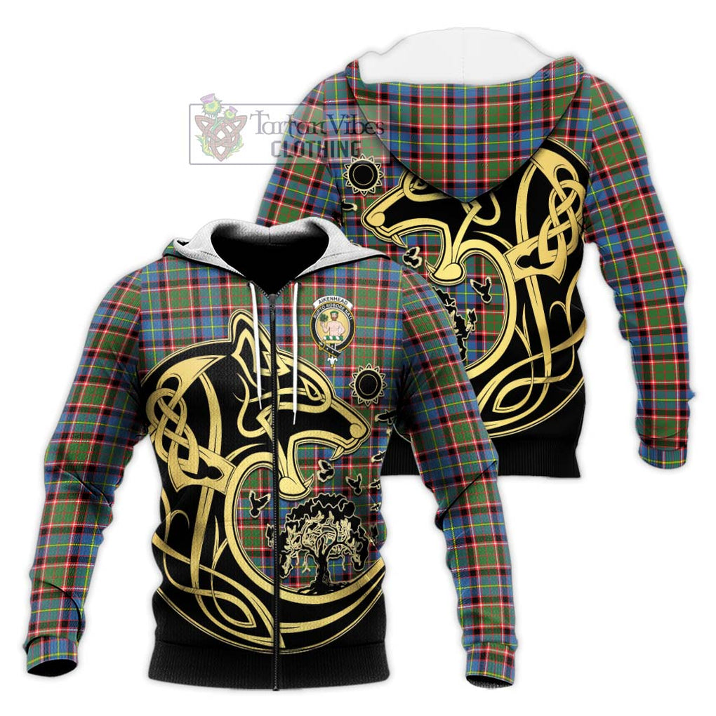 Aikenhead Tartan Knitted Hoodie with Family Crest Celtic Wolf Style Unisex Knitted Zip Hoodie - Tartan Vibes Clothing