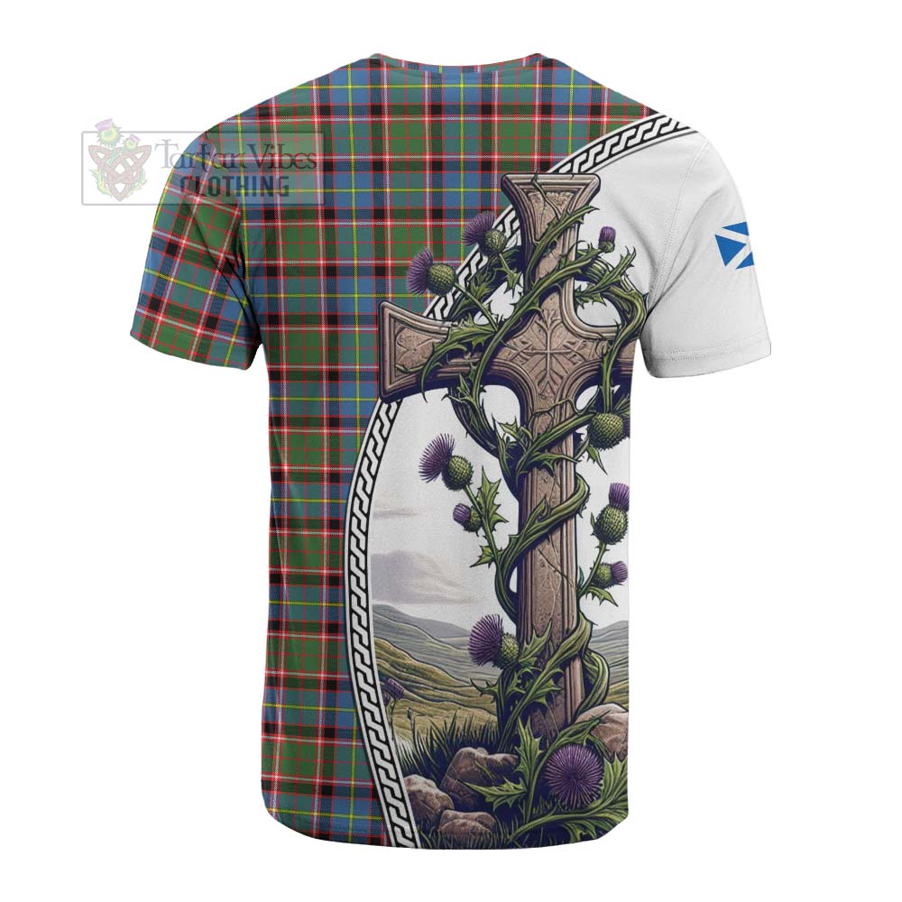 Tartan Vibes Clothing Aikenhead Tartan Cotton T-shirt with Family Crest and St. Andrew's Cross Accented by Thistle Vines