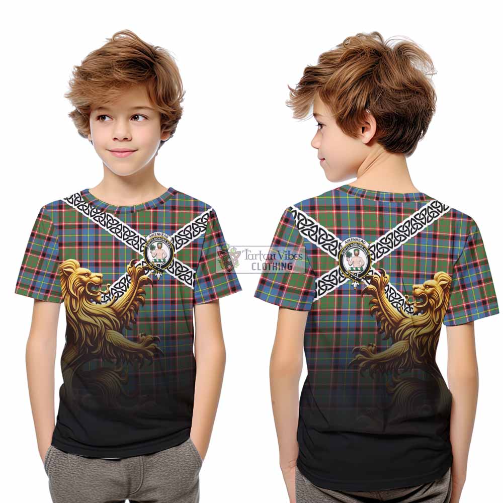 Aikenhead Crest Tartan Kid T-Shirt with Golden Lion Emblem Celtic Style - Tartan Vibes Clothing