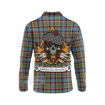 Aikenhead Tartan Long Sleeve Polo Shirt with Family Crest and Bearded Skull Holding Bottles of Whiskey - Tartan Vibes Clothing