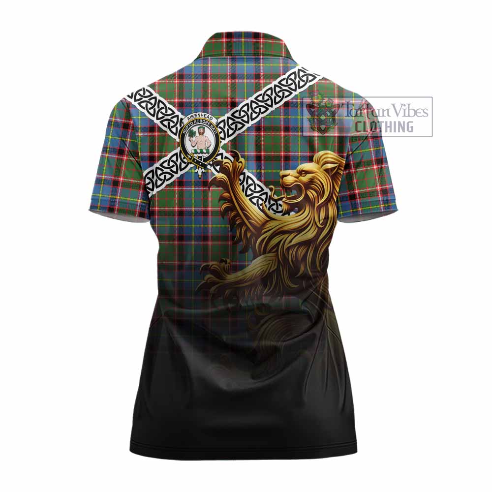 Aikenhead Crest Tartan Women's Polo Shirt with Golden Lion Emblem Celtic Style - Tartan Vibes Clothing