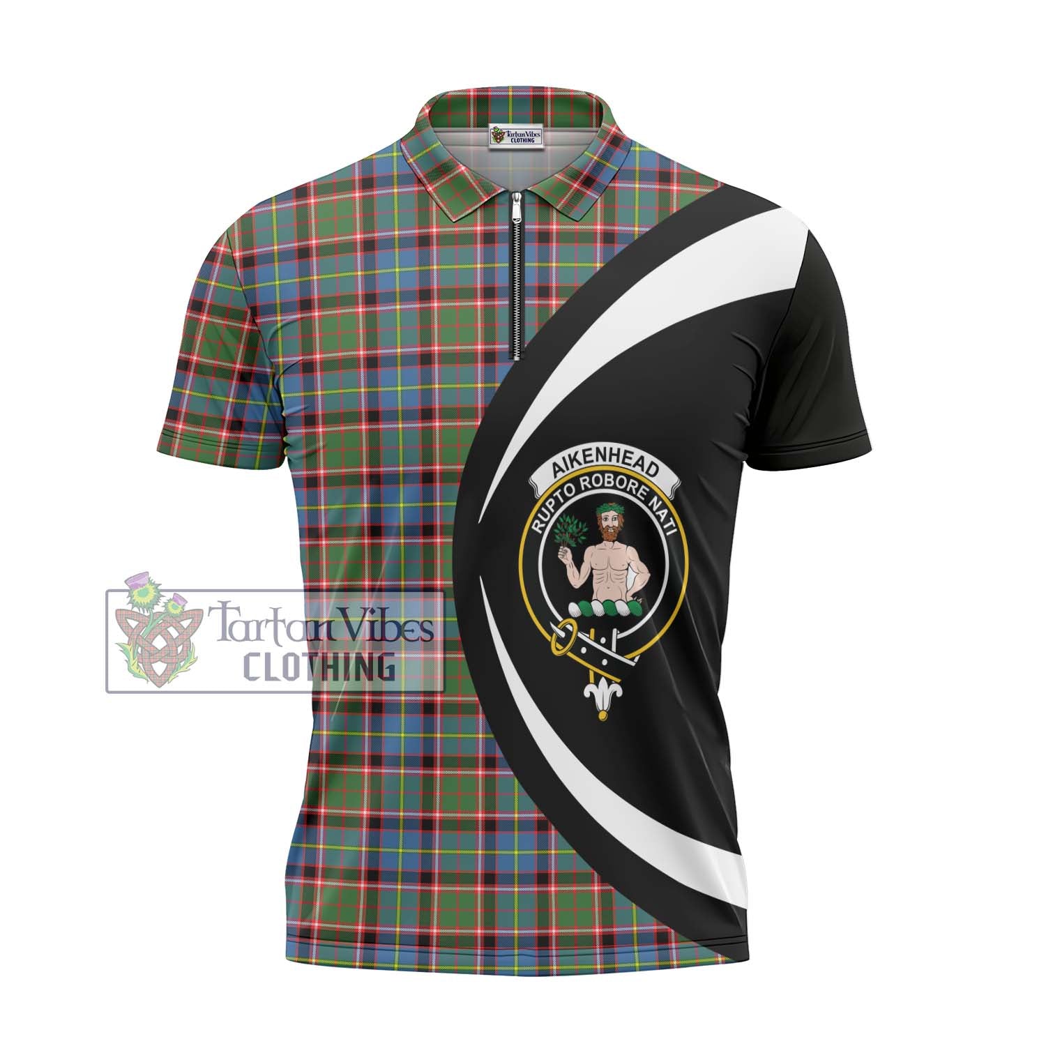 Aikenhead Tartan Zipper Polo Shirt with Family Crest Circle Style - Tartan Vibes Clothing
