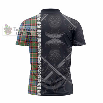Aikenhead Tartan Zipper Polo Shirt with Family Crest Cross Sword Thistle Celtic Vibes - Tartan Vibes Clothing
