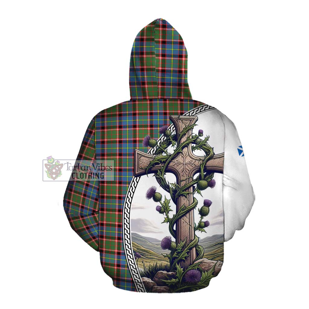 Tartan Vibes Clothing Aikenhead Tartan Cotton Hoodie with Family Crest and St. Andrew's Cross Accented by Thistle Vines