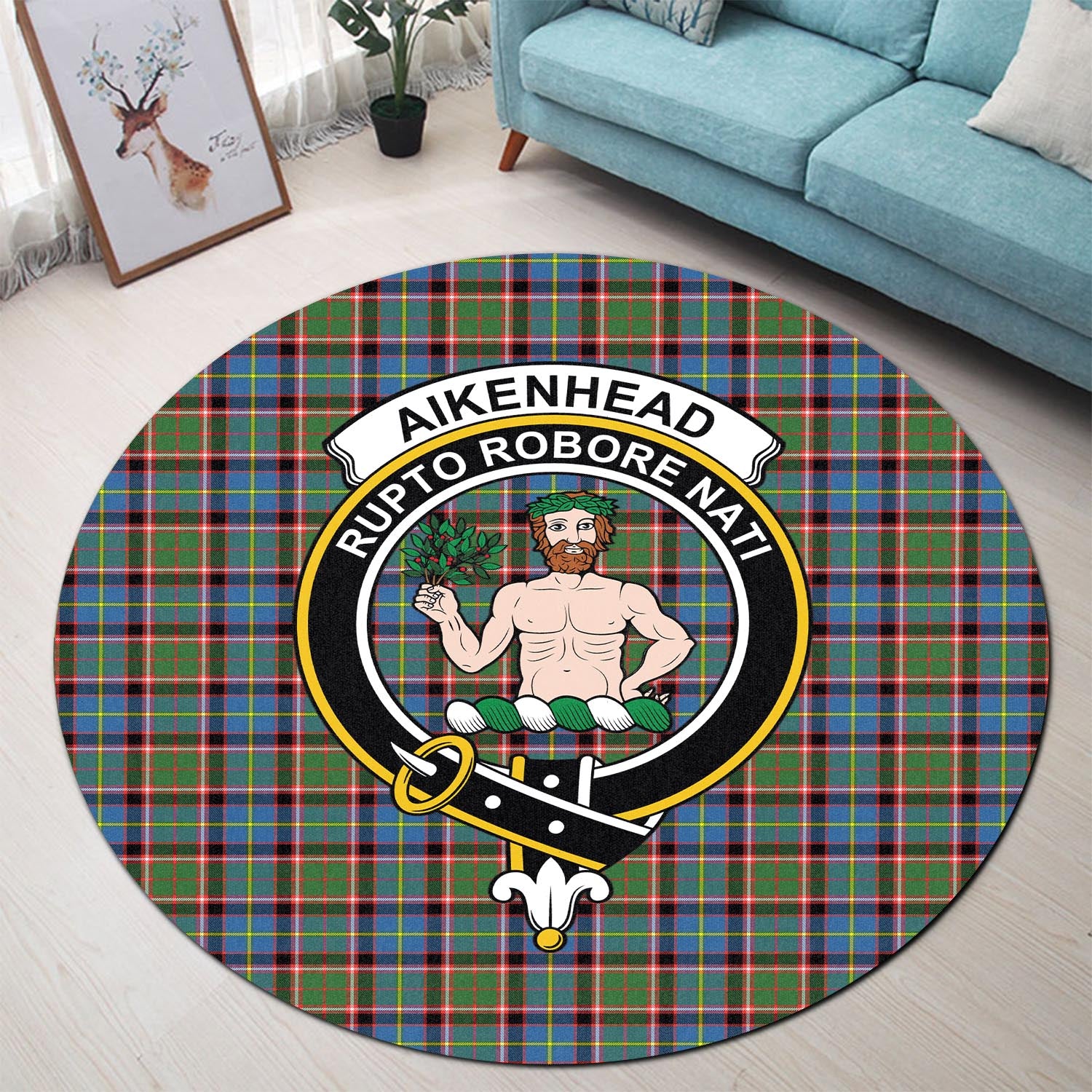 Aikenhead Tartan Round Rug with Family Crest - Tartanvibesclothing