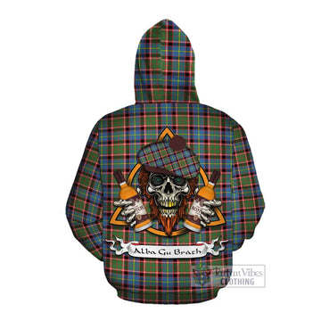 Aikenhead Tartan Cotton Hoodie with Family Crest and Bearded Skull Holding Bottles of Whiskey Pullover Hoodie - Tartan Vibes Clothing