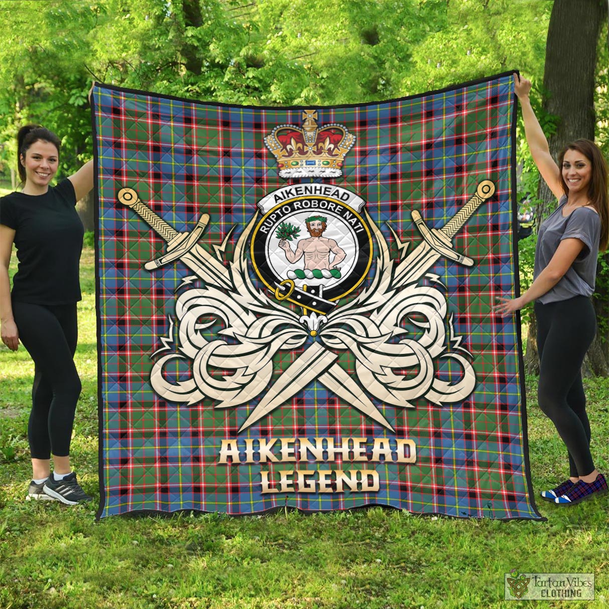 Tartan Vibes Clothing Aikenhead Tartan Quilt with Clan Crest and the Golden Sword of Courageous Legacy