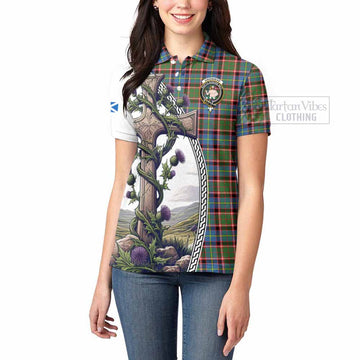 Aikenhead Tartan Women's Polo Shirt with Family Crest and St. Andrew's Cross Accented by Thistle Vines - Tartan Vibes Clothing