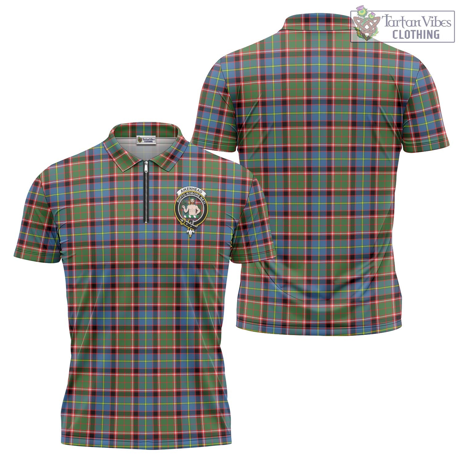 Tartan Vibes Clothing Aikenhead Tartan Zipper Polo Shirt with Family Crest