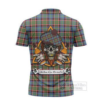 Aikenhead Tartan Zipper Polo Shirt with Family Crest and Bearded Skull Holding Bottles of Whiskey - Tartan Vibes Clothing