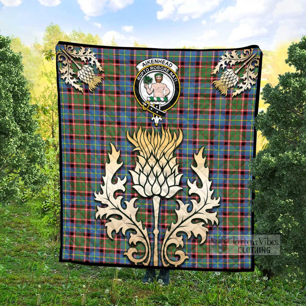 Aikenhead Tartan Quilt with Family Crest and Golden Thistle Style - Tartan Vibes Clothing