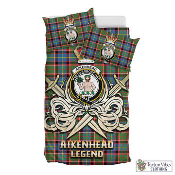 Tartan Vibes Clothing Aikenhead Tartan Bedding Set with Clan Crest and the Golden Sword of Courageous Legacy