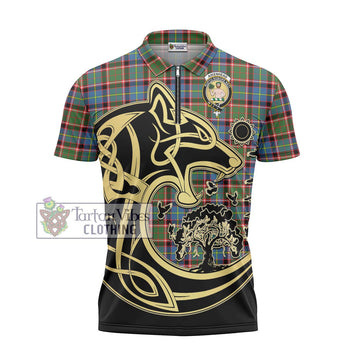 Aikenhead Tartan Zipper Polo Shirt with Family Crest Celtic Wolf Style - Tartan Vibes Clothing