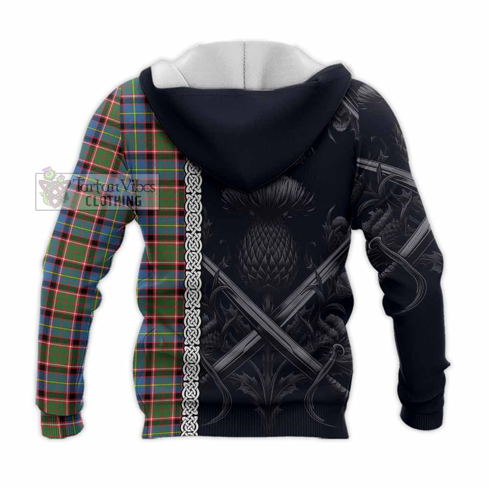 Tartan Vibes Clothing Aikenhead Tartan Knitted Hoodie with Family Crest Cross Sword Thistle Celtic Vibes