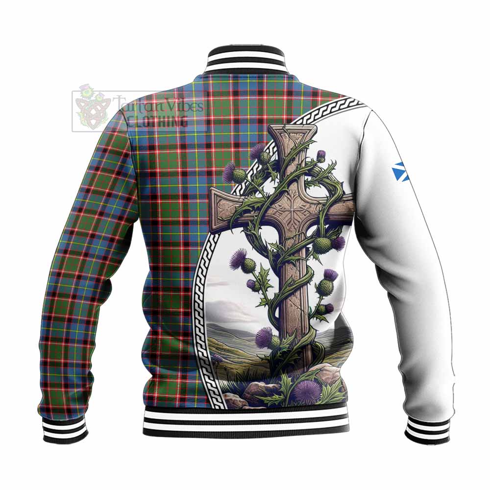 Tartan Vibes Clothing Aikenhead Tartan Baseball Jacket with Family Crest and St. Andrew's Cross Accented by Thistle Vines