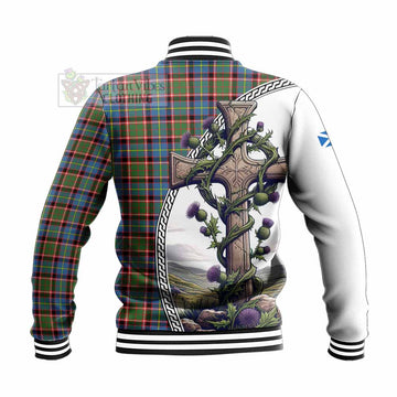 Aikenhead Tartan Baseball Jacket with Family Crest and St. Andrew's Cross Accented by Thistle Vines - Tartan Vibes Clothing