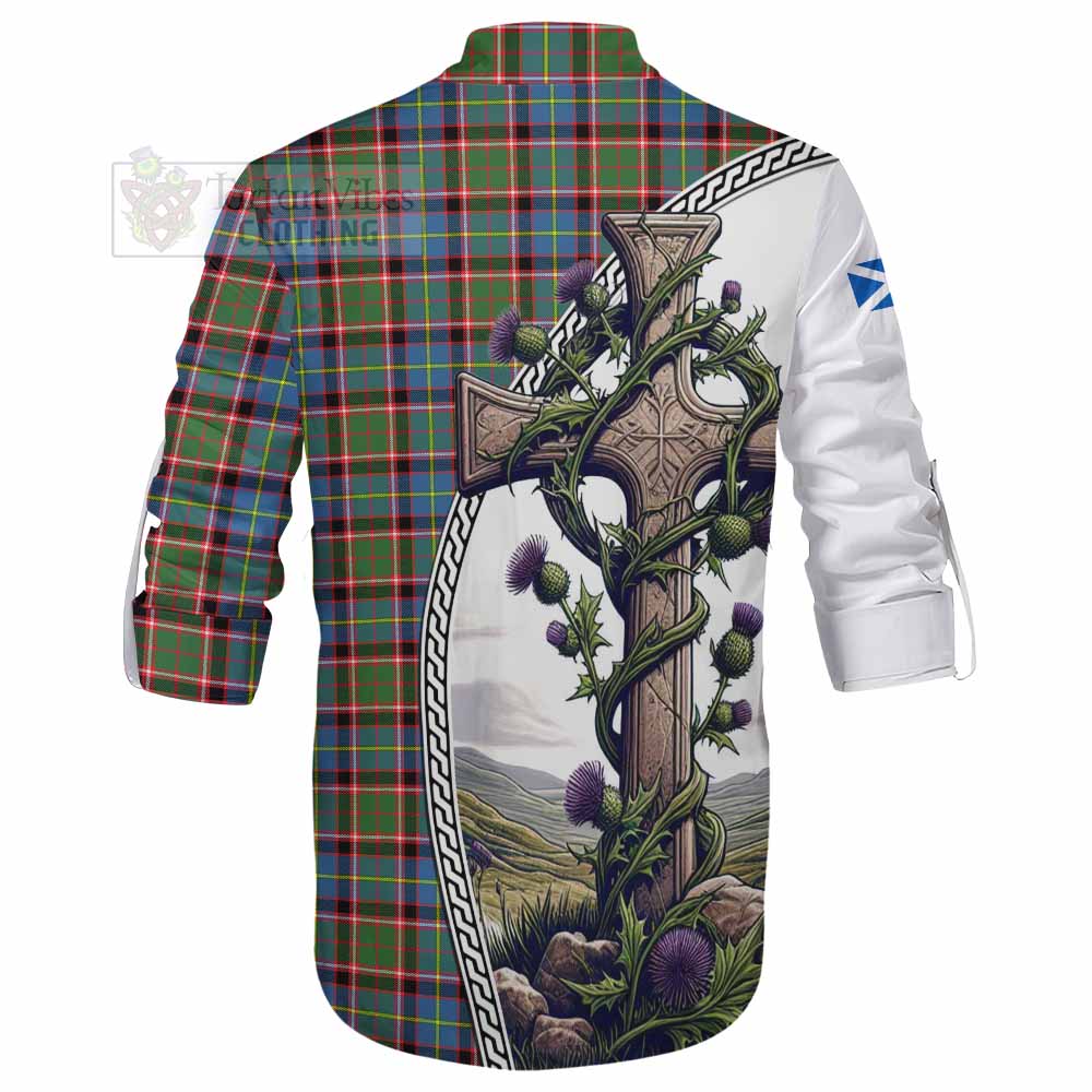 Tartan Vibes Clothing Aikenhead Tartan Ghillie Kilt Shirt with Family Crest and St. Andrew's Cross Accented by Thistle Vines