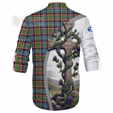 Aikenhead Tartan Ghillie Kilt Shirt with Family Crest and St. Andrew's Cross Accented by Thistle Vines - Tartan Vibes Clothing