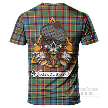 Aikenhead Tartan T-Shirt with Family Crest and Bearded Skull Holding Bottles of Whiskey - Tartan Vibes Clothing