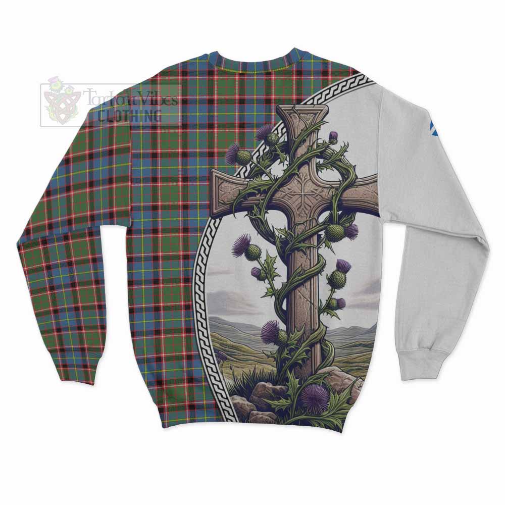 Aikenhead Tartan Sweatshirt with Family Crest and St. Andrew's Cross Accented by Thistle Vines - Tartan Vibes Clothing