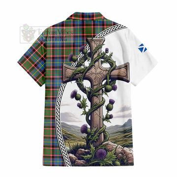 Aikenhead Tartan Hawaiian Shirt with Family Crest and St. Andrew's Cross Accented by Thistle Vines - Tartan Vibes Clothing