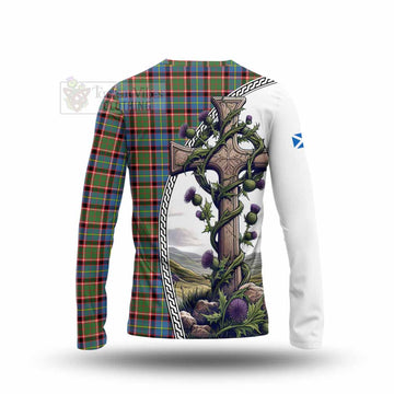 Aikenhead Tartan Long Sleeve T-Shirt with Family Crest and St. Andrew's Cross Accented by Thistle Vines - Tartan Vibes Clothing
