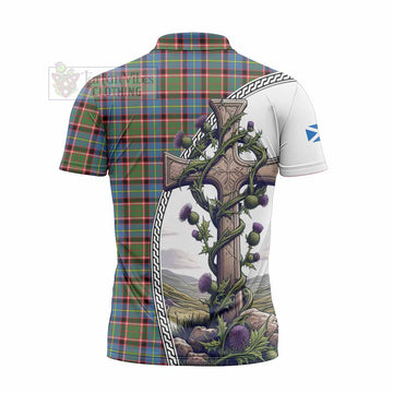 Aikenhead Tartan Zipper Polo Shirt with Family Crest and St. Andrew's Cross Accented by Thistle Vines - Tartan Vibes Clothing