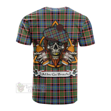 Tartan Vibes Clothing Aikenhead Tartan Cotton T-shirt with Family Crest and Bearded Skull Holding Bottles of Whiskey