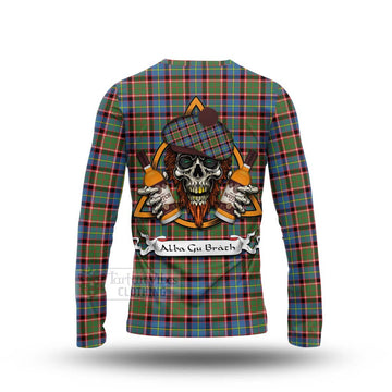 Aikenhead Tartan Long Sleeve T-Shirt with Family Crest and Bearded Skull Holding Bottles of Whiskey - Tartan Vibes Clothing