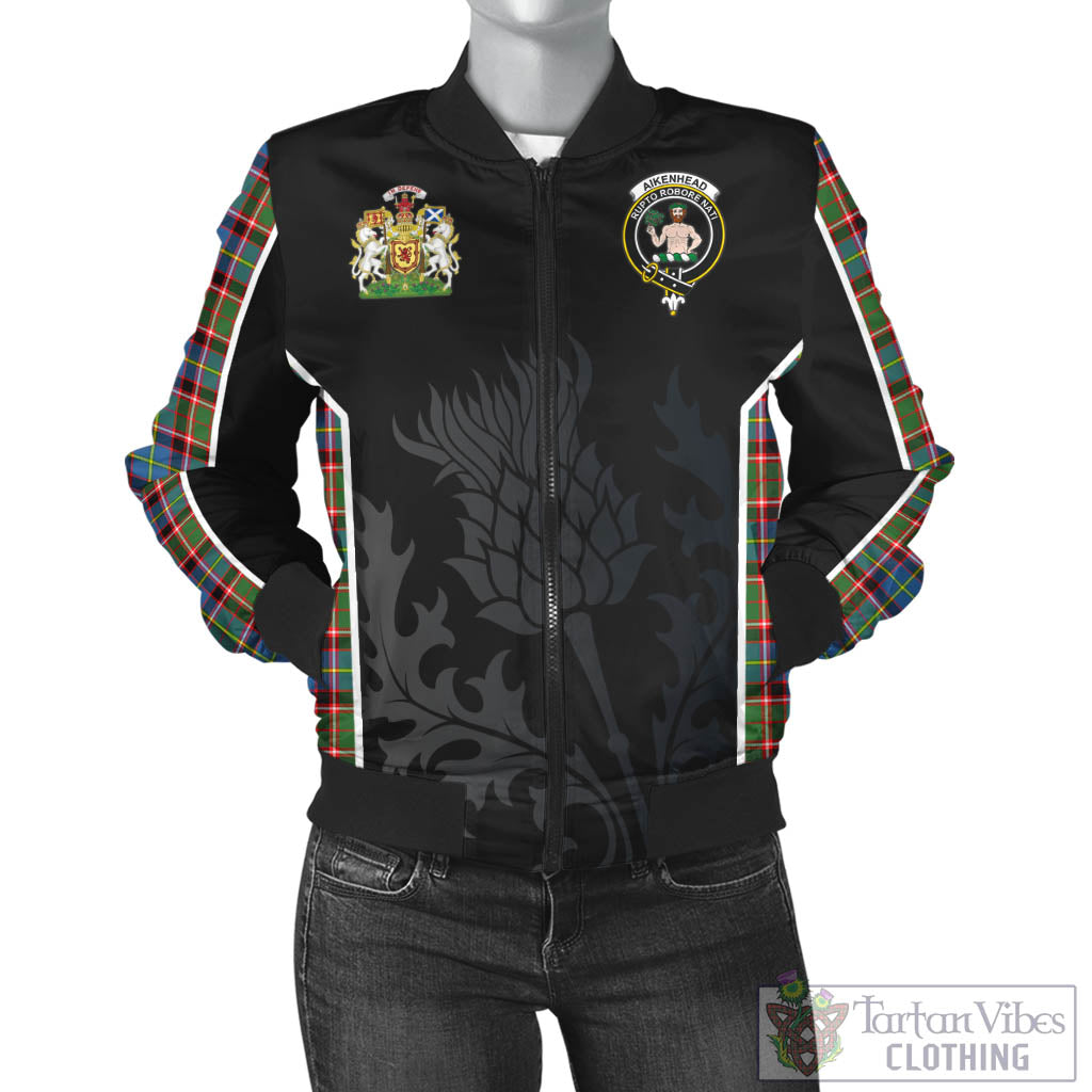 Tartan Vibes Clothing Aikenhead Tartan Bomber Jacket with Family Crest and Scottish Thistle Vibes Sport Style