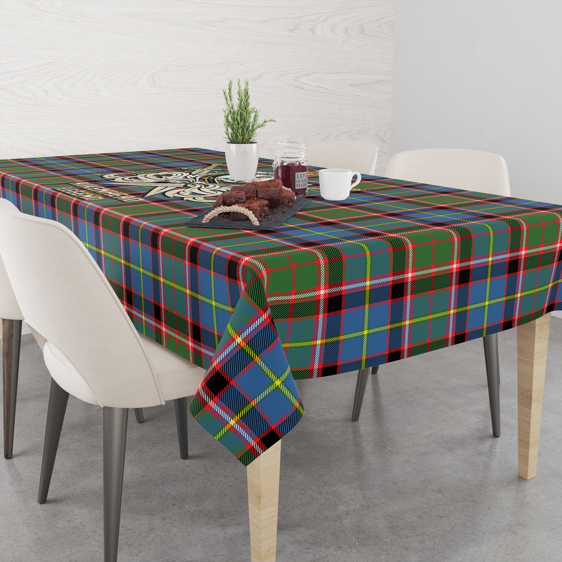 Tartan Vibes Clothing Aikenhead Tartan Tablecloth with Clan Crest and the Golden Sword of Courageous Legacy