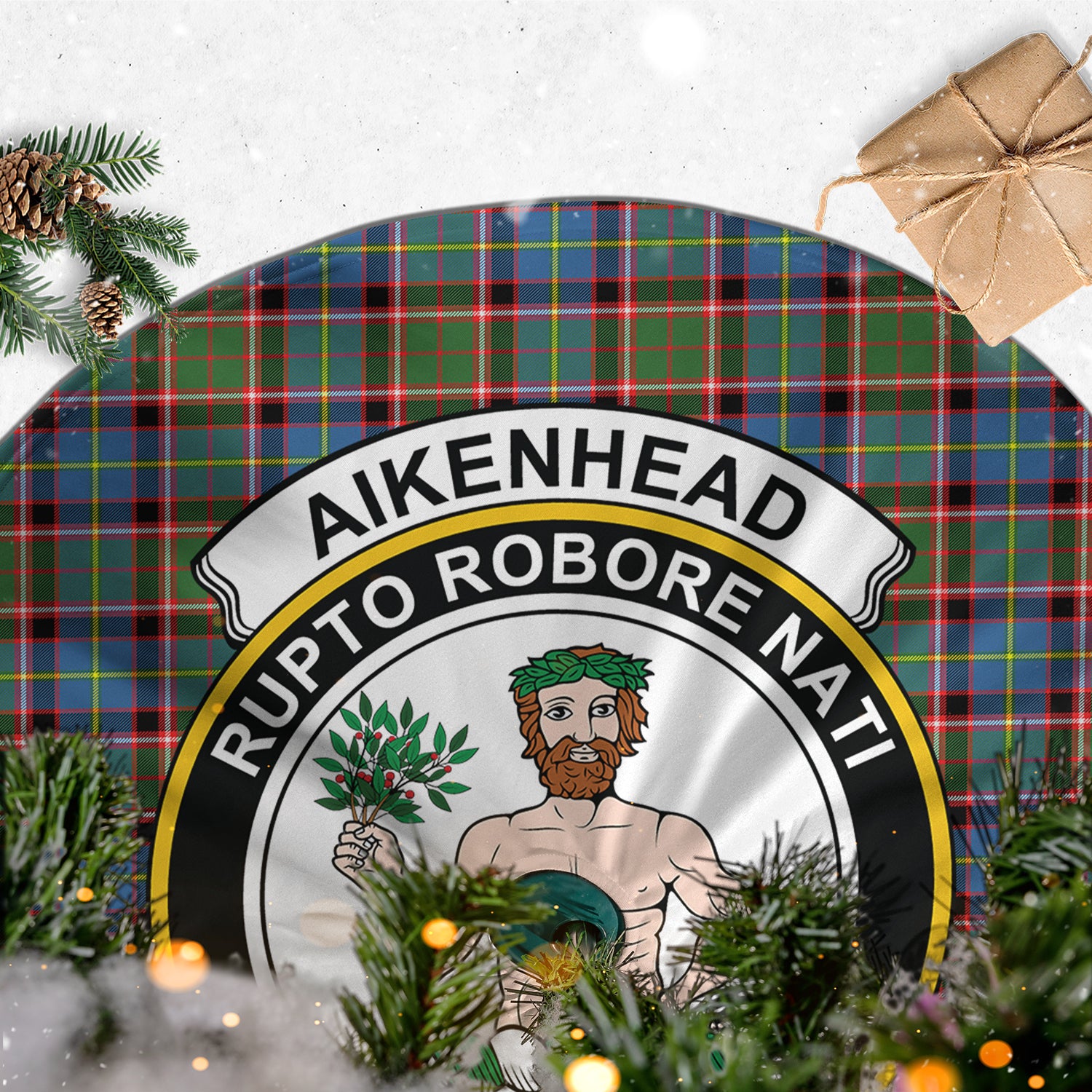 Aikenhead Tartan Christmas Tree Skirt with Family Crest - Tartanvibesclothing