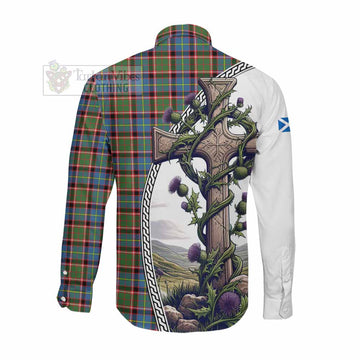 Aikenhead Tartan Long Sleeve Button Shirt with Family Crest and St. Andrew's Cross Accented by Thistle Vines Men's Shirt - Tartan Vibes Clothing