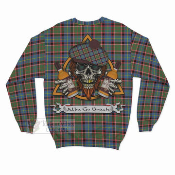 Aikenhead Tartan Sweatshirt with Family Crest and Bearded Skull Holding Bottles of Whiskey - Tartan Vibes Clothing