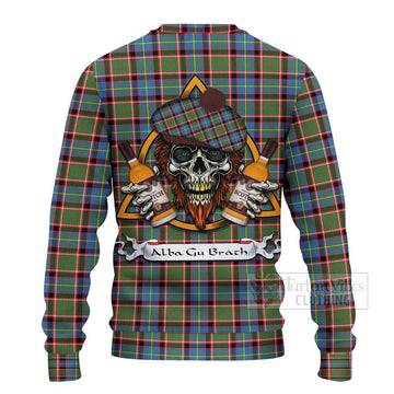 Aikenhead Tartan Ugly Sweater with Family Crest and Bearded Skull Holding Bottles of Whiskey - Tartan Vibes Clothing