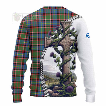 Aikenhead Tartan Knitted Sweater with Family Crest and St. Andrew's Cross Accented by Thistle Vines - Tartan Vibes Clothing