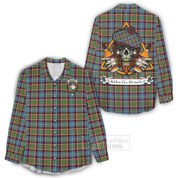 Aikenhead Tartan Women's Casual Shirt with Family Crest and Bearded Skull Holding Bottles of Whiskey - Tartan Vibes Clothing