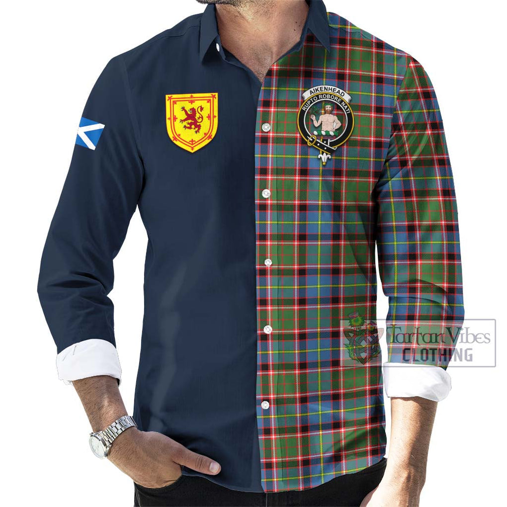 Tartan Vibes Clothing Aikenhead Tartan Long Sleeve Button Shirt with Scottish Lion Royal Arm Half Style