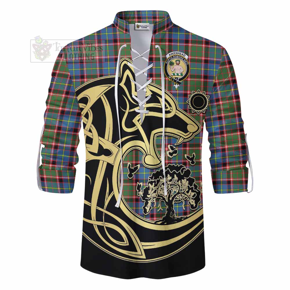 Aikenhead Tartan Ghillie Kilt Shirt with Family Crest Celtic Wolf Style - Tartan Vibes Clothing