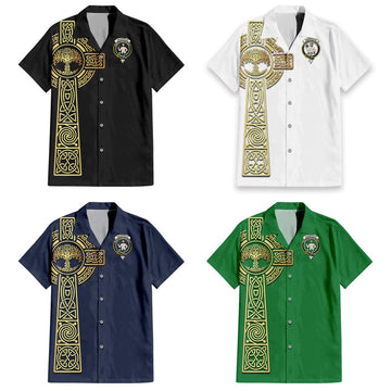 Aikenhead Clan Mens Short Sleeve Button Up Shirt with Golden Celtic Tree Of Life
