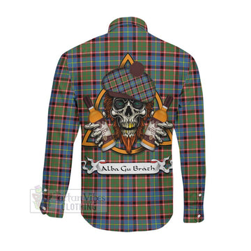 Aikenhead Tartan Long Sleeve Button Shirt with Family Crest and Bearded Skull Holding Bottles of Whiskey Men's Shirt - Tartan Vibes Clothing