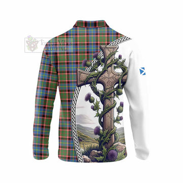 Aikenhead Tartan Long Sleeve Polo Shirt with Family Crest and St. Andrew's Cross Accented by Thistle Vines - Tartan Vibes Clothing