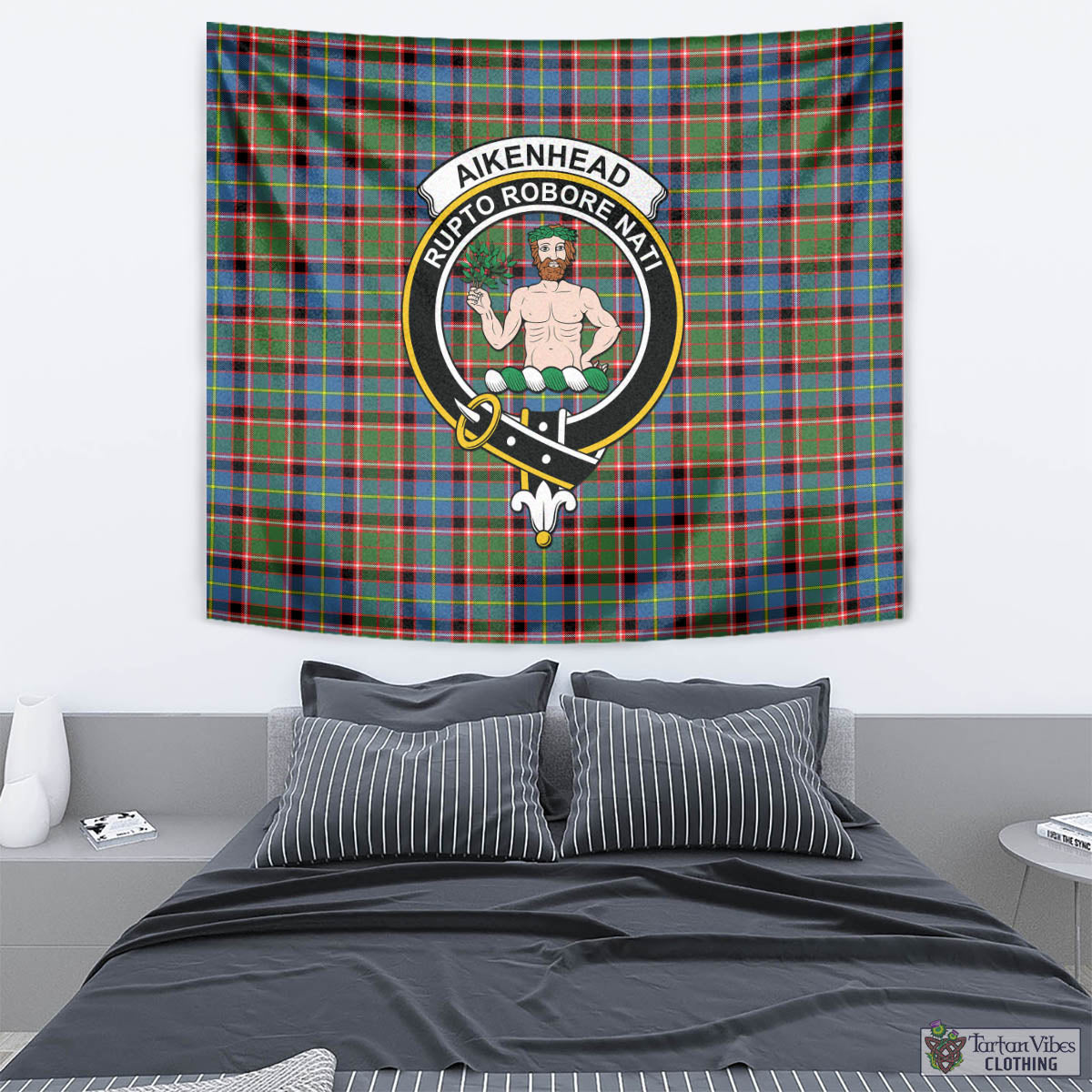 Tartan Vibes Clothing Aikenhead Tartan Tapestry Wall Hanging and Home Decor for Room with Family Crest