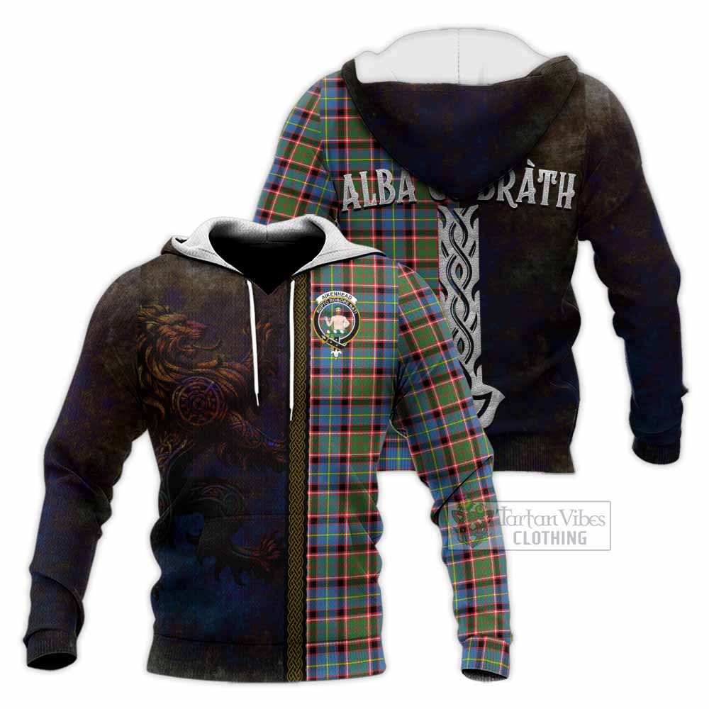 Tartan Vibes Clothing Aikenhead Tartan Family Crest Knitted Hoodie Alba Gu Brath Be Brave Lion Ancient Style